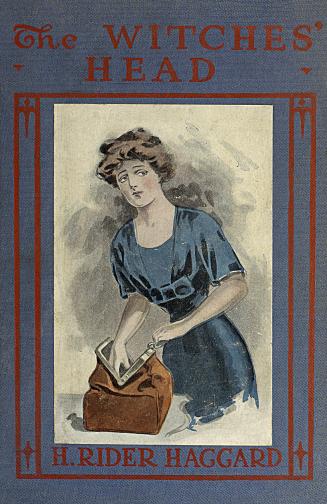 Book cover: A woman in a blue dress reaches into a large brown carpetbag.