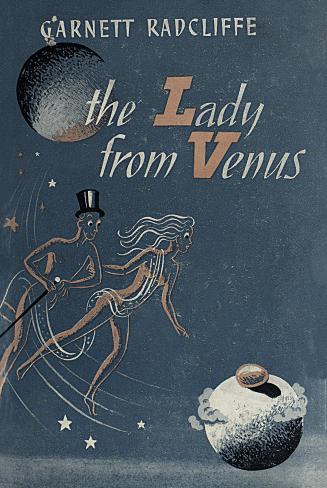 Book cover: A naked woman and a naked man in a top hat are floating in space between two planet ...