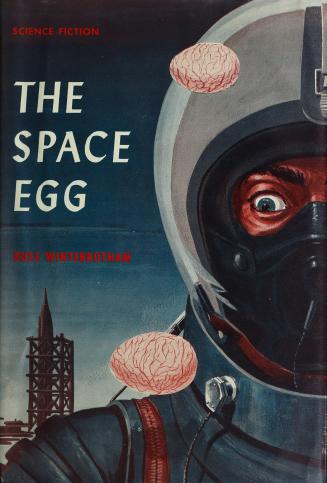 Book cover: Two egg-like objects float around the head of a concerned looking astronaut.
