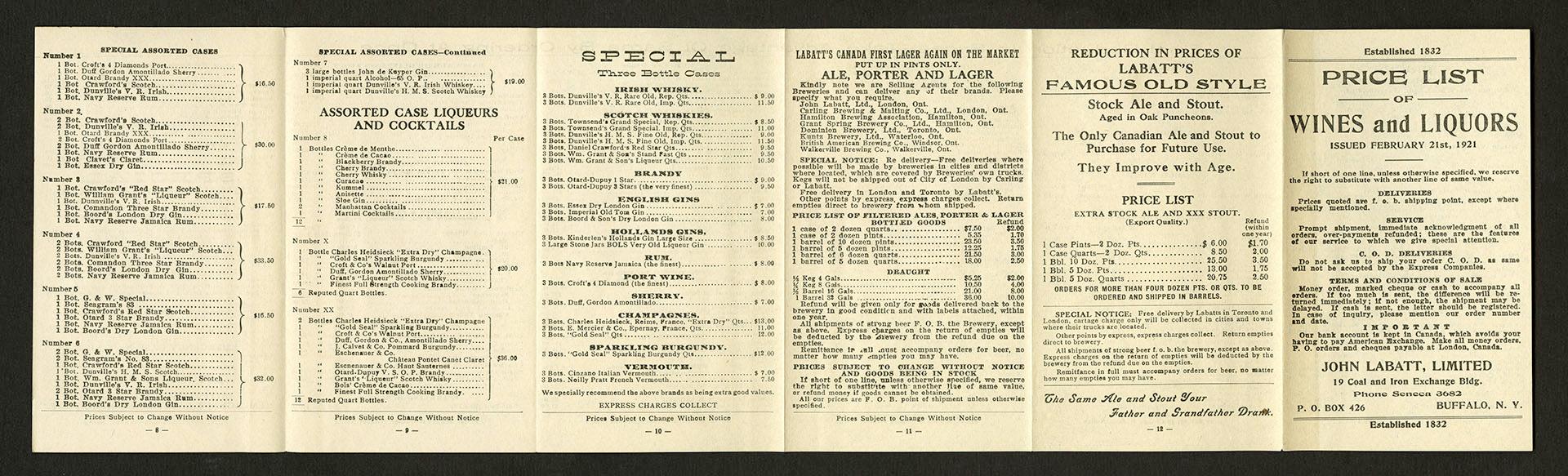 Price list of wines and liquors issued February 21st, 1921