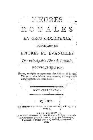 Black text on white title page, "Heures royales en gros caractères, contenant les épîtres et év ...