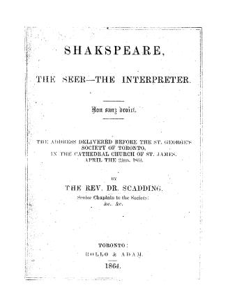 Black text on white cover page reads: "Shakspeare, The Seer - The Interpreter"