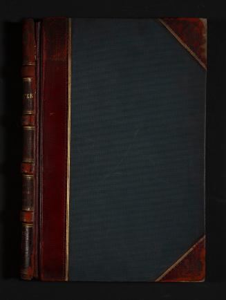 An oversize brown leather bound volume with pre-printed pages with tabbed alphabetical sections ...