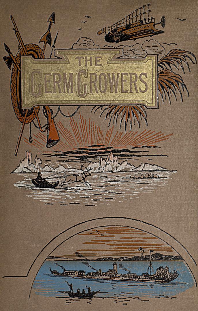 Book cover: Illustrations of a flying ship, a person on a reindeer-drawn sled and a barge.