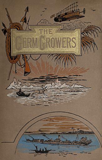 Book cover: Illustrations of a flying ship, a person on a reindeer-drawn sled and a barge.