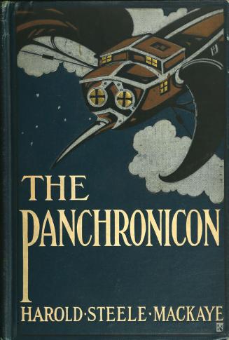 Book cover: A winged ship sails above clouds. It has two portholes at the front above a pointed ...