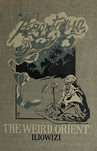 Book cover: green cloth with black, green, and gilded illustration of a man smoking with a hook ...