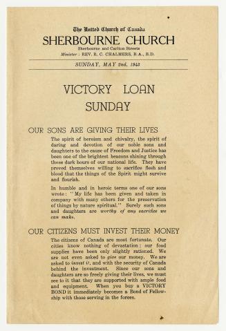 The United Church of Canada Sherbourne Church Victory Loan Sunday
