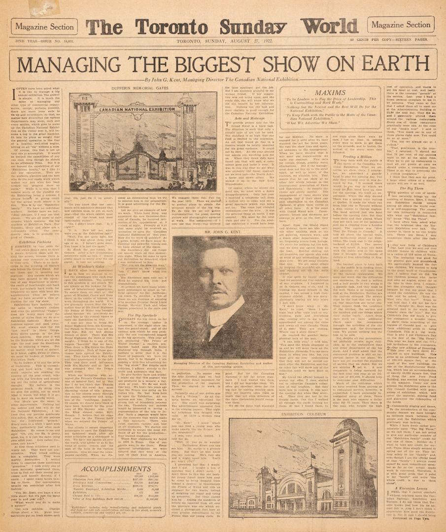 Sections of the Toronto Sunday World newspaper in black and white. 
