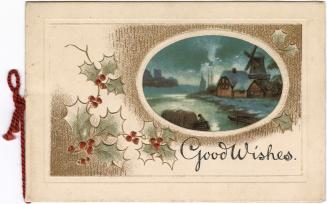 This is a multi-page card. The front pictures hollyberry branches and gold accents. An oval cut ...