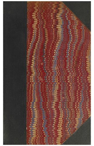 Burgundy marbled cover with a black leather on the spine and corners. The author's surname and  ...