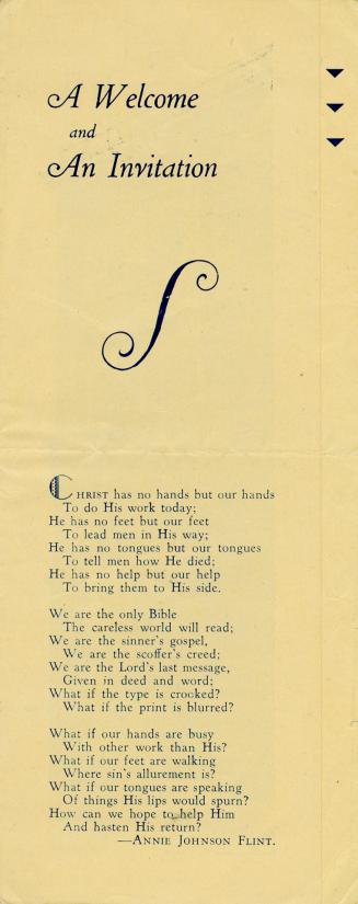 An folded flyer for Evangelical Publishers book store with "A Welcome and An Invitation" printe ...
