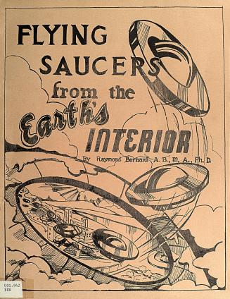 Book cover: Orange paper with title, author & drawing of a UFO coming from a hole in the North  ...