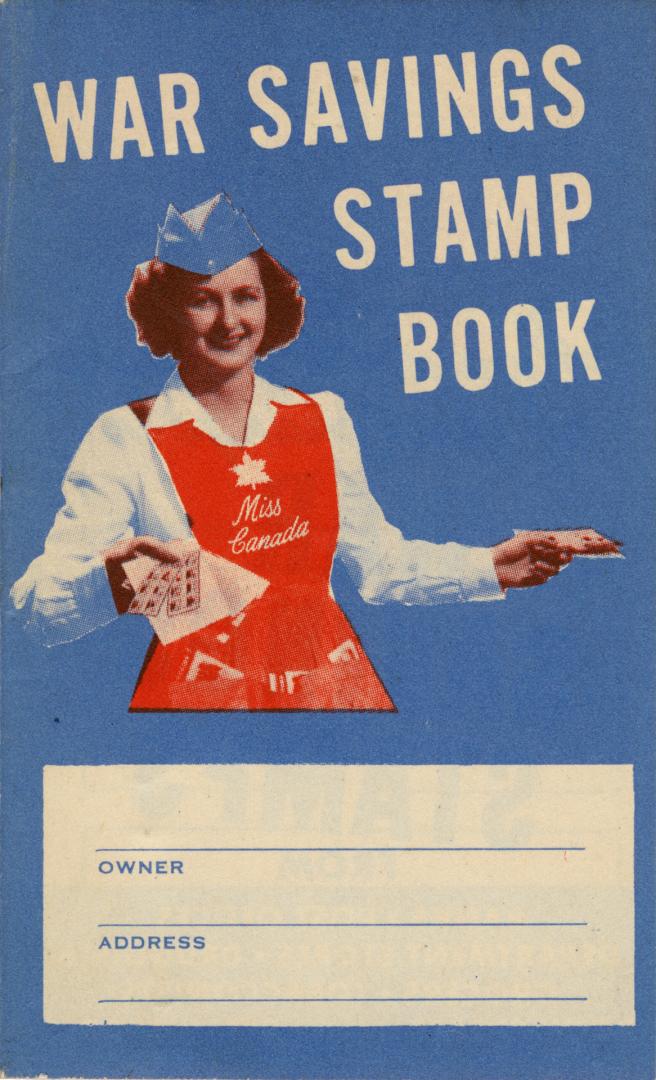 A booklet of war savings stamps in red, white, and blue with the title "War Savings Stamp Book" ...
