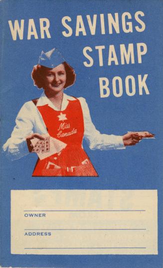 A booklet of war savings stamps in red, white, and blue with the title "War Savings Stamp Book" ...