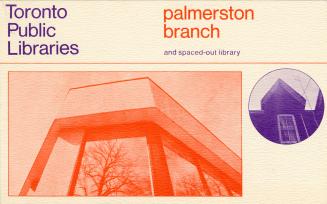Brochure in orange and purple on white paper with photos of two library buildings on front cove ...