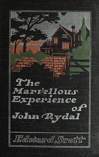 Book cover: Black cloth with an illustration of an idyllic farm surrounded by trees and a stone ...