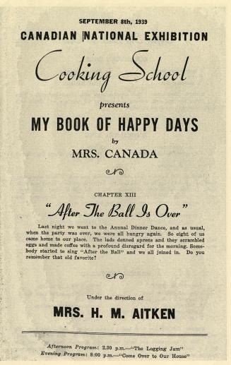 A flyer for the Canadian National Exhibition Cooking School stating "My Book of Happy Days by M ...
