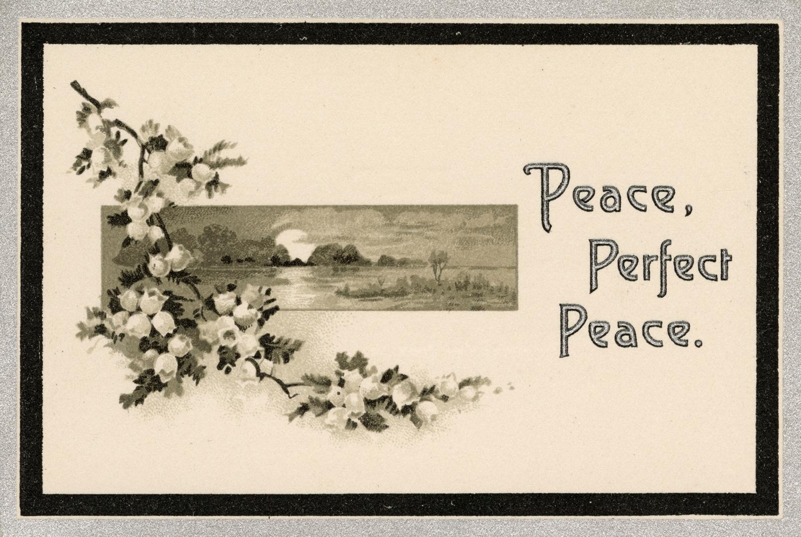 A folded funeral card for Rev. A.G. Warder stating, "Peace, Perfect Peace." on the cover