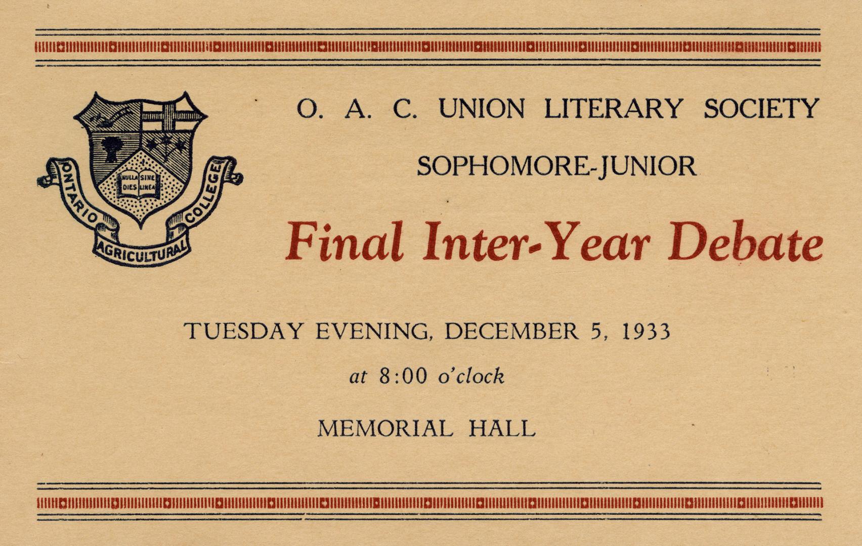 O.A.C. Union Literary Society – Final Inter-Year Debate