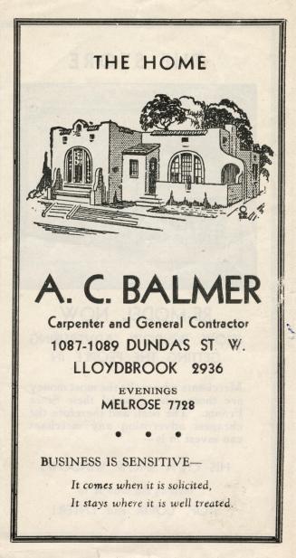 A fold-out flier stating "The Home// A.C. Balmer// Carpenter and General Contractor // Lloydbro ...