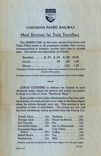 A double-sided menu by the Canadian Pacific Railway stating, "Meal Services for Train Traveller ...