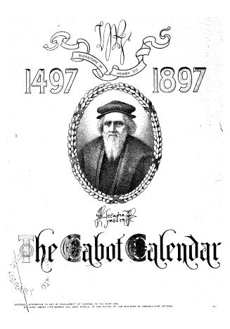 Black ink on white cover page featuring an illustrated a portrait of John Cabot and the facsimi ...