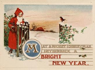 The card pictures an open gate and a view of a snowy field beyond it. A man with a white beard  ...