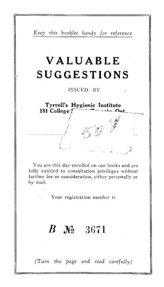 A 12-page information booklet put out by Tyrrell's Hygienic Institute titled "Valuable Suggesti ...