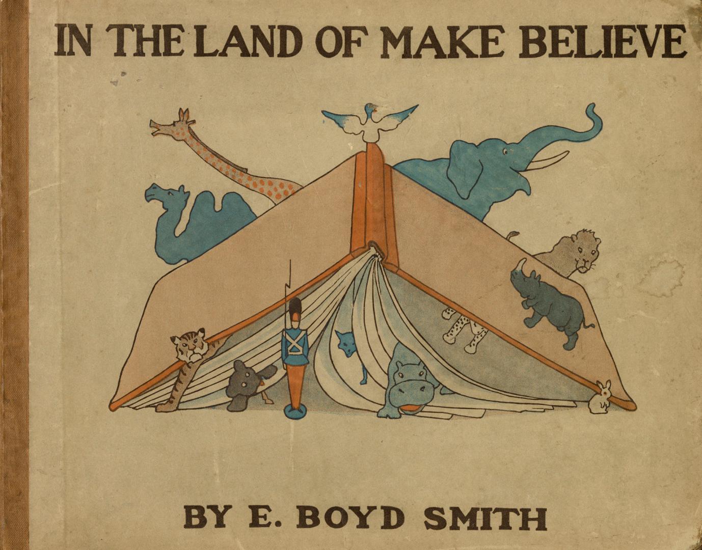 book cover with image of an book opened upside down with safari animal coming out of it. 