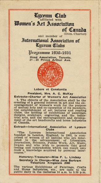 A fold-open card titled "Lyceum Club affiliated with Women's Art Association of Canada and memb ...