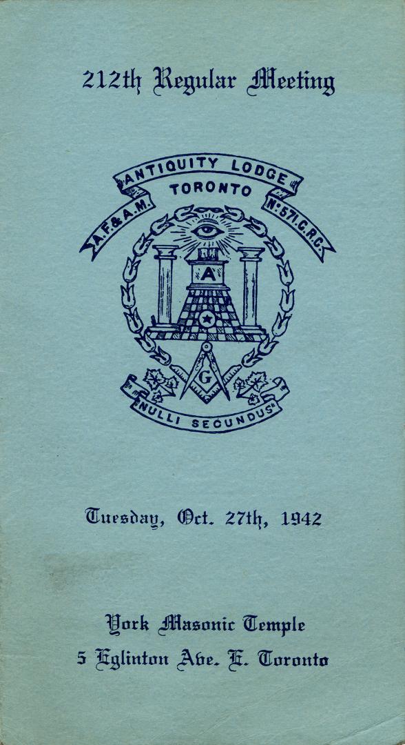 Cathedral Lodge A.F. & A.M. No. 643, G.R.C. York Masonic Temple Toronto [Envelope addressed to:] W.L. Law, 70 Elwood Blvd., City 
