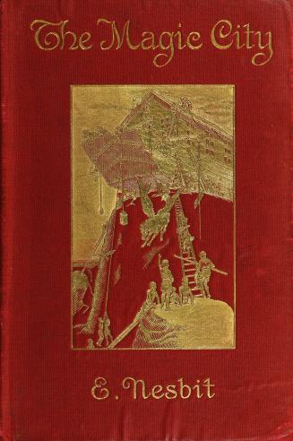 book cover: red with gilded title and image - Pegasus, children building an ark. 