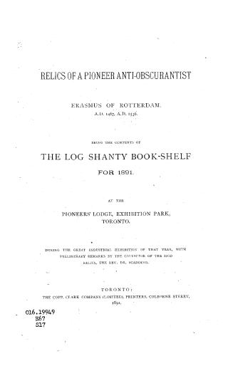 Black text on white cover page reads: "Relics of a Pioneer Anti-obscurantist : Erasmus of Rotte ...