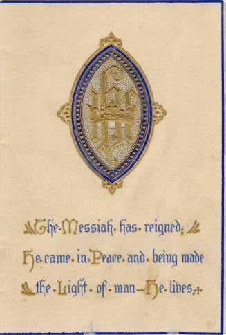 This card is printed on parchment-like paper. The front displays a blue and gold symbol and a r ...