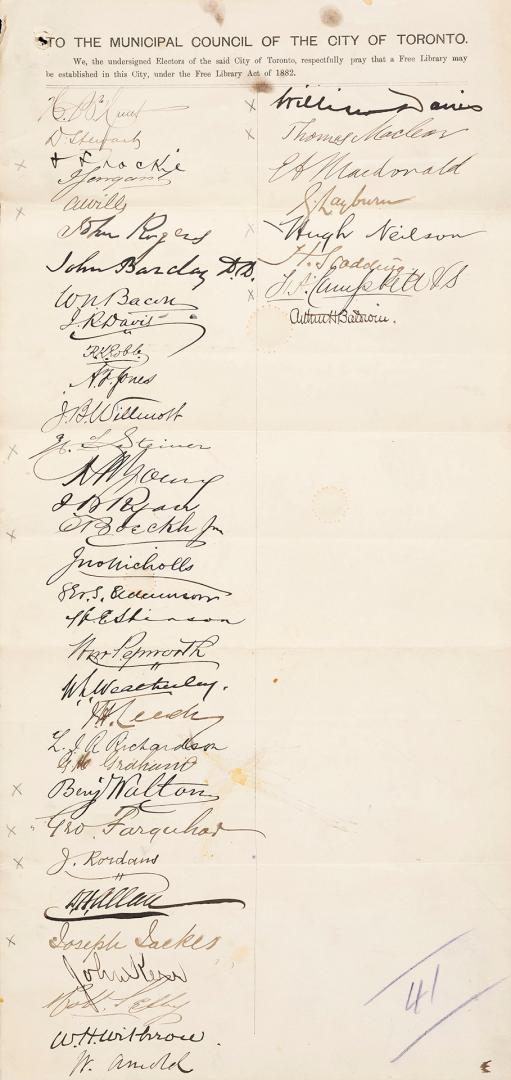 A handwritten list of signatures in support of the establishment of a free library in Toronto.