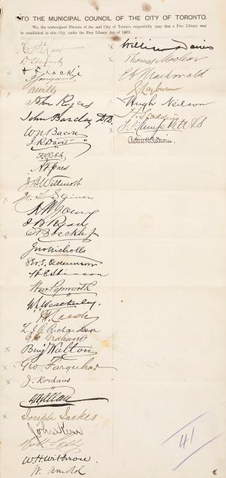 A handwritten list of signatures in support of the establishment of a free library in Toronto.
