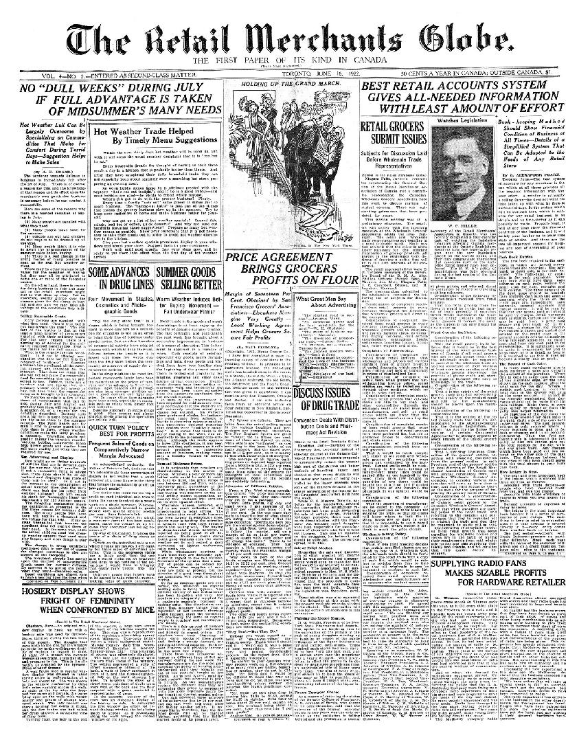 Black and white newspaper titled The Retail Merchants Globe