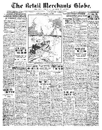 Black and white newspaper titled The Retail Merchants Globe
