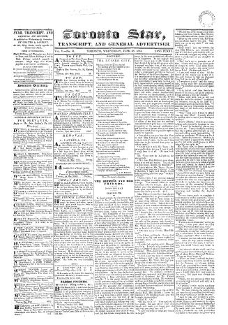 Black and white newspaper titled Toronto Star, Transcript and General Advertiser