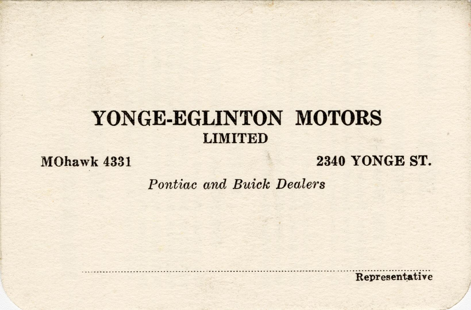 A fold-open advertising card for Yonge-Eglinton Motors Limited, Pontiac and Buick Dealers. The  ...