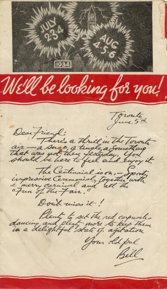 An advertisement to celebrate Toronto's Centennial Celebrations with Mayor Wm J. Stewart, Esq.  ...
