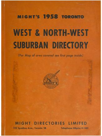 Orange cover with black text reads: "Might's 1958 Toronto West & North-West Suburban Directory"