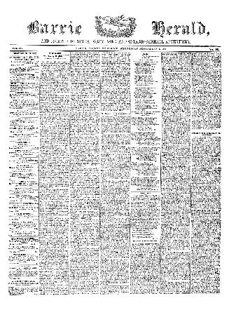 Black and white newspaper titled Barrie Herald, and counties of Simcoe, Grey, York andOntario g ...