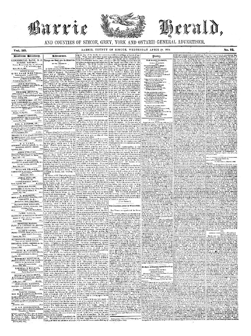 Black and white newspaper titled Barrie Herald, and counties of Simcoe, Grey, York andOntario g ...