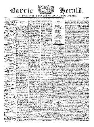 Black and white newspaper titled Barrie Herald, and counties of Simcoe, Grey, York andOntario g ...