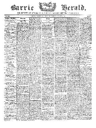 Black and white newspaper titled Barrie Herald, and counties of Simcoe, Grey, York andOntario g ...
