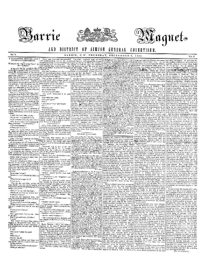 Black and white newspaper titled Barrie Magnet and district of Simcoe general advertiser