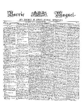 Black and white newspaper titled Barrie Magnet and district of Simcoe general advertiser