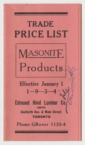 A fold-out adverting card for Edmund Hind Lumber Co. titled "Trade Price List// Masonite Produc ...